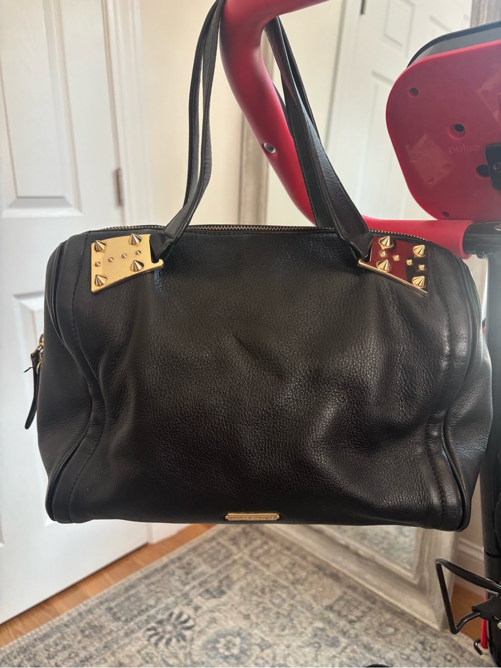 Vince Camuto Black Leather Satchel with Gold Stud Accents